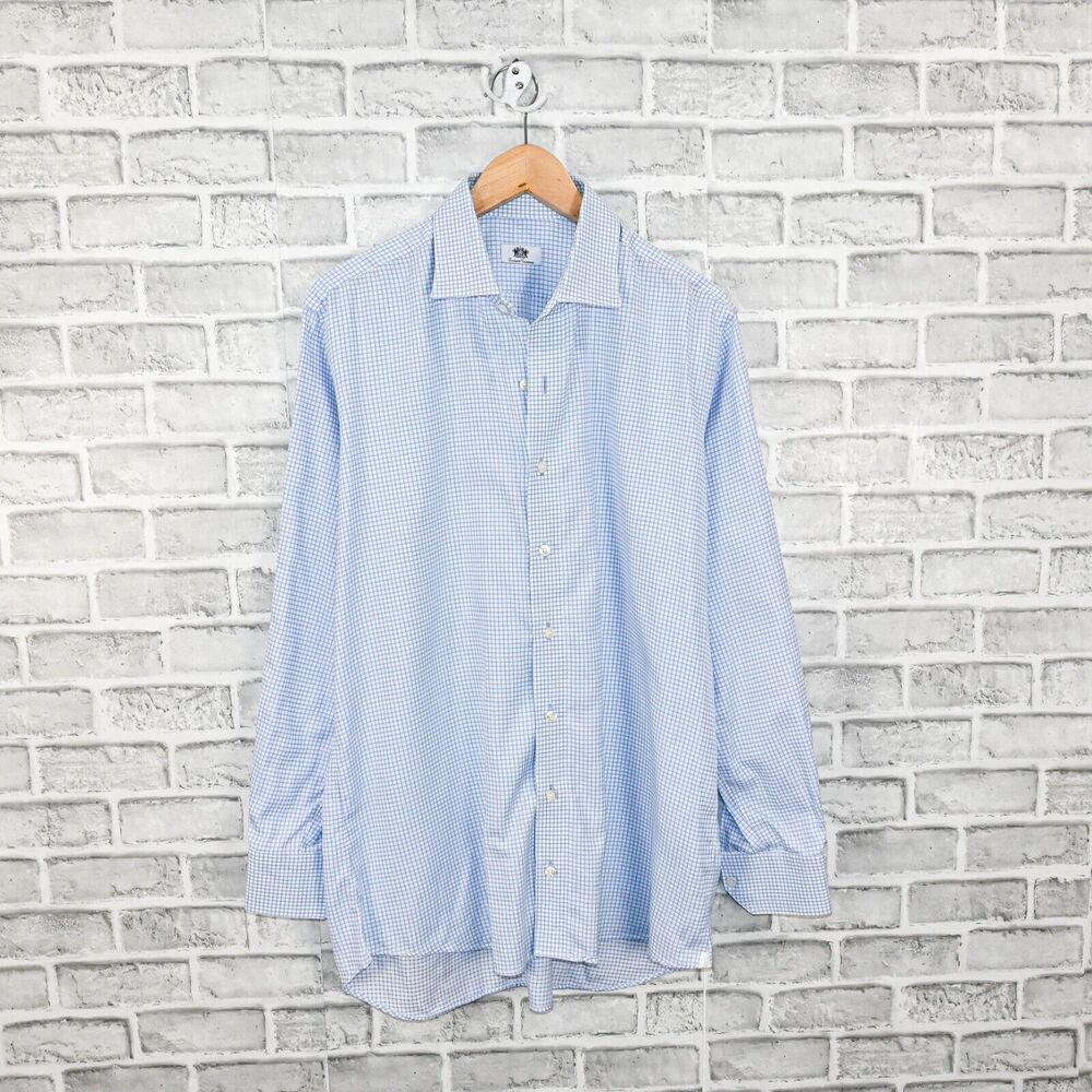 Oxxford Clothes Men's Button up Dress shirt blue grid check fits sz XL 17